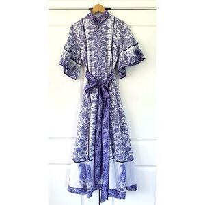 Sue Sartor Flounce Dress Midi Long Block Print Lilac Tuckernuck Sundress Size XS